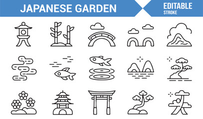 Japanese garden editable vector icon set with Zen elements
