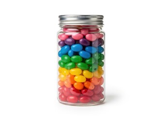 Glass container filled with small, multicolored candies layered to resemble a rainbow spectrum