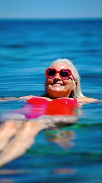 Happy senior woman floating in the sea wearing red sunglasses and swimsuit, enjoying summer vacation, wellness retreat, active aging, ocean therapy, and freedom of retirement by the seaside