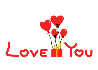 Red Heart Balloons Tied To A Gift Box With Love You Text