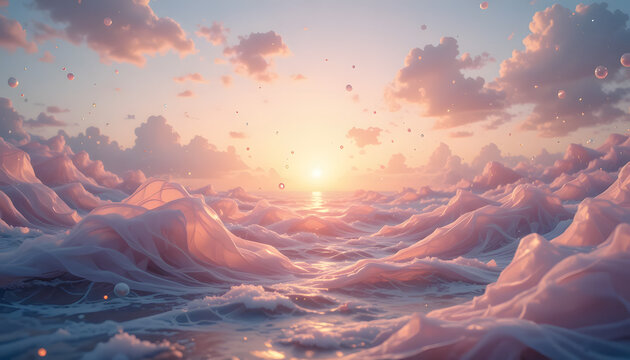 Dreamy ocean waves at sunset with soft pink clouds and bubbles