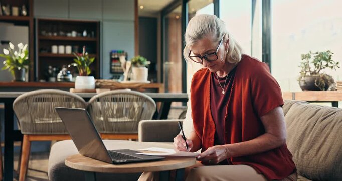 Documents, laptop and research with old woman on sofa for mortgage payment, retirement funds and planning. Online banking, digital invoice and writing with senior person in living room of home