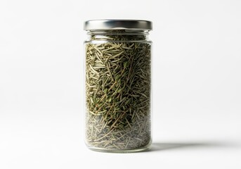 Clear glass jar filled with dried culinary herbs sits centered against a bright white background