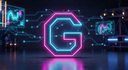 Neon lit letter G in futuristic tech environment with screens