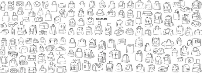 Fototapeta premium A diverse collection of black and white illustrations featuring various styles of bags and backpacks.