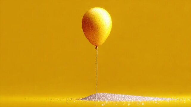 A vibrant close-up of a bright yellow balloon slowly deflating against a bold yellow background, surrounded by glittering sparkles that enhance the playful atmosphere.