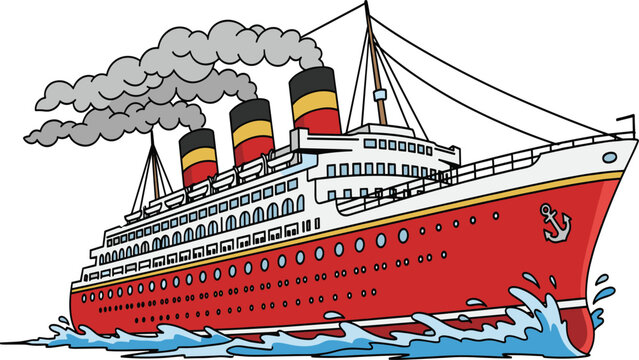 Vintage Ocean Liner Cruise Ship Illustration Featuring Red Hull Three Smoking Funnels and Water Waves Isolated Vector Graphic on White Background