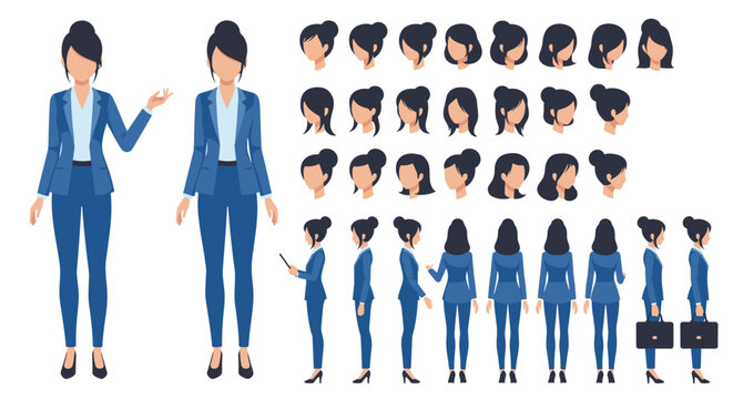 Extensive character creator kit for a businesswoman in a blue suit with many poses angles and facial expressions for design.