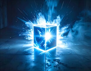 a glowing cube in the center of an abstract space