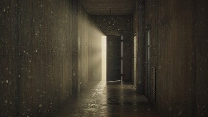 Obraz premium eerie corridor with glowing door opening slightly, suspenseful mood and escape symbolism, cinematic framing