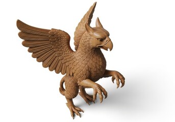 Mythological creature sculpture carved from warm brown material stands against a white background.