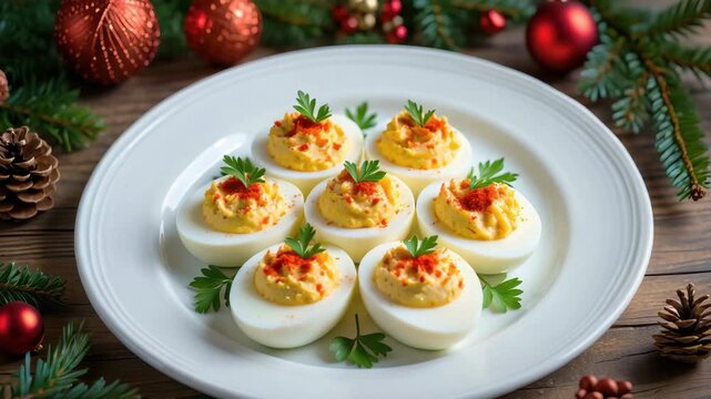 Deviled eggs with paprika and parsley on a festive holiday table setting with pinecone decorations