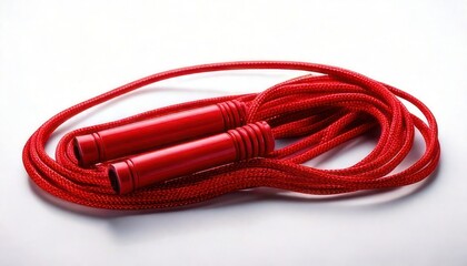 Red jump rope on white background for fitness.
