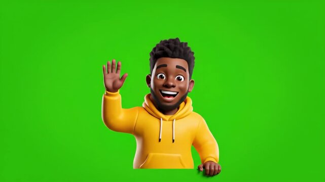 Green Screen 3D Cartoon Black Man Peeking Up and Waving in Yellow Hoodie
