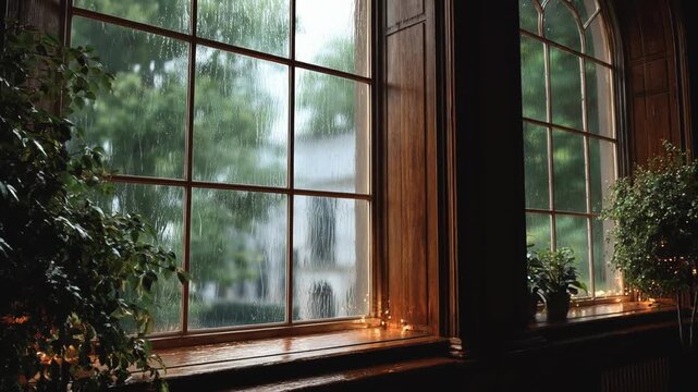 Rain and raindrops on glass window concept. A cozy indoor scene with plants and a wooden window frame, highlighting a rainy atmosphere.