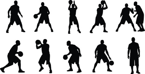 Black silhouettes of basketball players dribbling, shooting, defending, and practicing sports, athletic men set isolated on a white background for design. © Alea