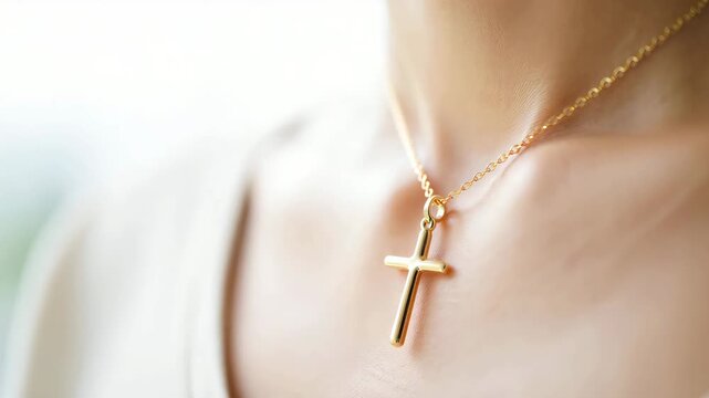 Close-up of a gold cross pendant on a delicate chain resting against a woman&rsquo;s neck, symbolizing faith, spirituality, elegance and personal meaning, bright background subtle emotional undertone
