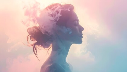 a silhouette of a woman with smoke coming from her hair against a soft, pastel background