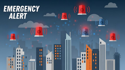 Emergency Alert Cityscape with Alarm Beacons in Night Sky