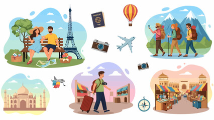 Diverse Global Travel Destinations and Tourist Activities Illustration.