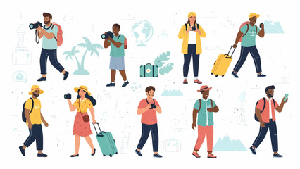 Fototapeta premium Diverse group of tourists enjoying their vacations with cameras and luggage.