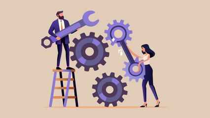 Teamwork and mechanical engineering people working with gears and tools