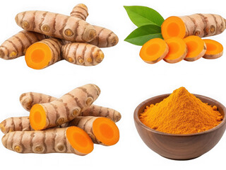 Turmeric roots and powder isolated on transparent background isolated on transparent background