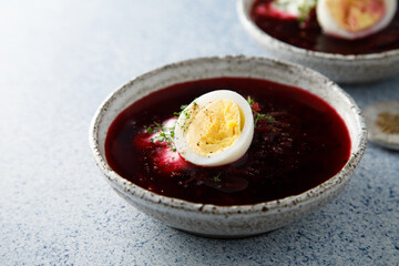 Cold beetroot soup with hard boiled egg