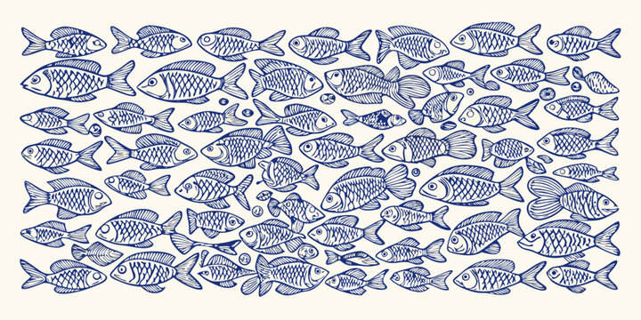 A school of blue sketched fish swimming in a dense artistic pattern