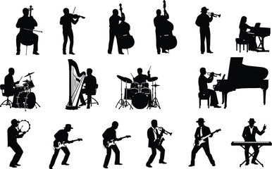 Black silhouettes set of musicians playing various instruments including piano guitar drums violin and trumpet for jazz classical and rock music © Ajmira