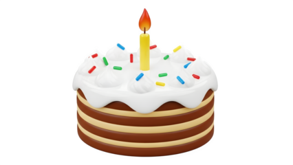 A birthday cake with a lit candle isolated on transparent background