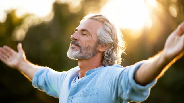 Senior man enjoying nature and morning light, retirement financial planning, life insurance, investment security, wealth management, family protection, financial wellbeing, secure future confidence