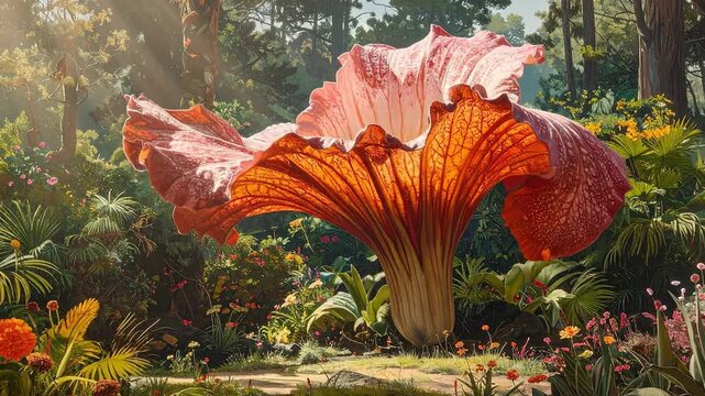 Enormous rafflesia flower blooms in a lush tropical forest, showcasing nature's grandeur.