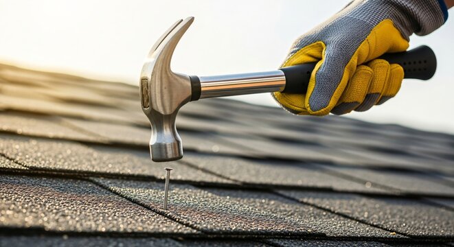 Man hammering nail on asphalt shingle roof. Roofer installing new shingles on house construction project. Roofing work.