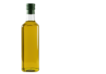 A clear glass bottle with vibrant golden-yellow extra virgin olive oil and a dark green screw cap, isolated against a seamless transparent background with copy space, concept for premium healthy