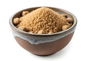 Coarse brown sugar is piled high inside a rustic ceramic bowl against a white background