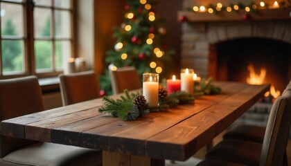 Festive wooden dining table set for Christmas dinner with a glowing fireplace and decorated tree in the background