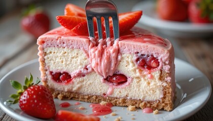 Deliciously strawberries cheesecake with fork. Extreme closeup
