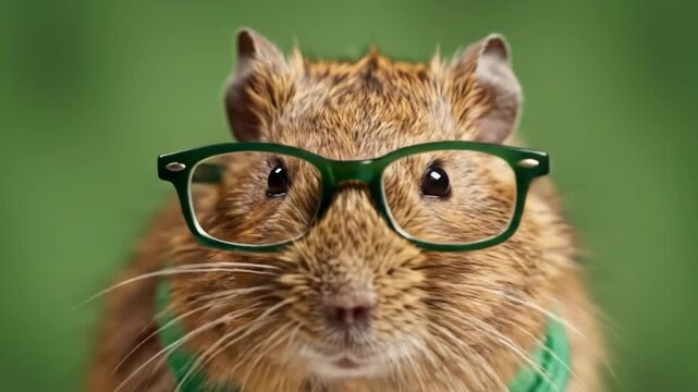 Guinea pig wearing green glasses on green background