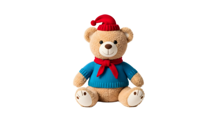 A cute teddy bear wearing a red hat and scarf on transparent background