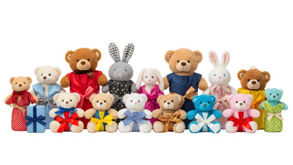 A group of colorful stuffed animals and toys on transparent background