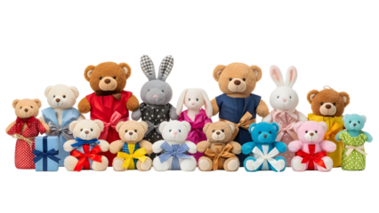 A group of colorful stuffed animals and toys on transparent background
