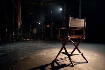 Director's chair sits center stage in a theater under a bright spotlight