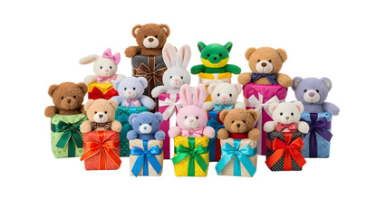 Obraz premium A colorful collection of teddy bears and rabbits sitting on wrapped gifts on transparent background