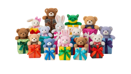 A colorful collection of teddy bears and rabbits sitting on wrapped gifts on transparent background