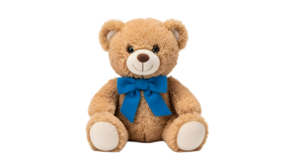 A cute teddy bear with a blue bow on transparent background