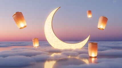 Elegant eid celebration scene with glowing lanterns and crescent moon above clouds at sunset with peaceful and festive and atmosphere and illuminated
