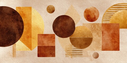 Abstract earth-toned geometric forms, watercolor style on textured background