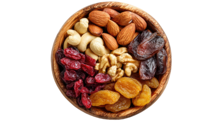 Mixed nuts and dried fruits in wooden bowl healthy snack assortment food photography isolated on white background