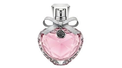 A beautiful pink perfume bottle with a silver cap and ribbon on transparent background